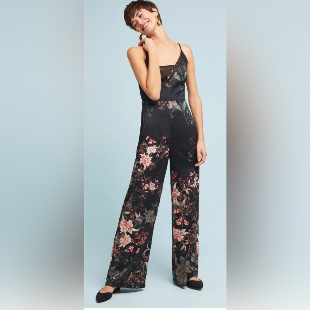 NWT Anthropologie Adelyn Rae Rosanna dark floral sexy spaghetti strap jumpsuit